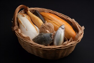 Basket with 5 bread and 2 fish. Generative AI