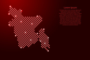 Bangladesh map from futuristic red checkered square grid pattern and glowing stars for banner, poster, greeting card