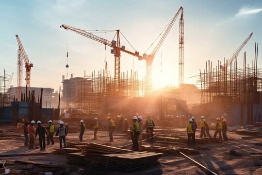 Busy construction site with multiple cranes, bathed in radiant sunlight. Generative AI