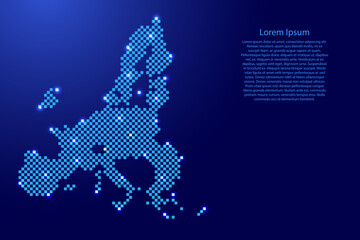 Fototapeta na wymiar European Union countries map map from futuristic blue checkered square grid pattern and glowing stars for banner, poster, greeting card