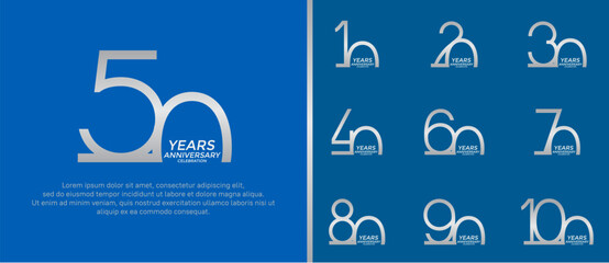 set of anniversary logo silver color on blue background for celebration moment