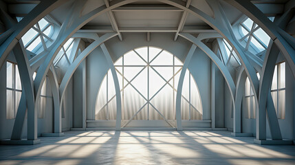 Architectural Brilliance: Bright Empty Room with Geometric Design, Light ands Shadows, Generative AI