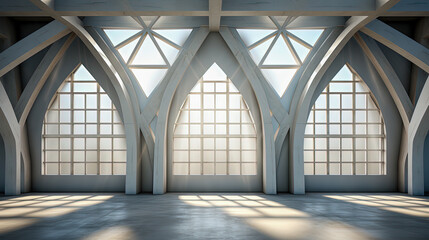 Aesthetic Harmony: White empty Room with Arches, Windows, Light ands Shadows, Generative AI