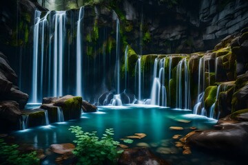 a stunning and highly detailed image of a mystical waterfall cascading down a cliffside, with the water appearing as liquid magic - AI Generative