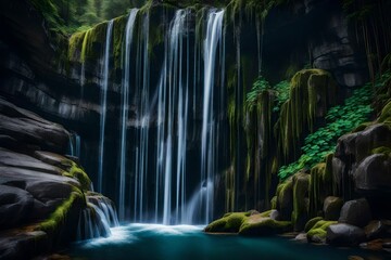Fototapeta na wymiar a stunning and highly detailed image of a mystical waterfall cascading down a cliffside, with the water appearing as liquid magic - AI Generative