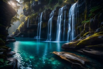 a stunning and highly detailed image of a mystical waterfall cascading down a cliffside, with the water appearing as liquid magic - AI Generative