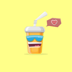 vector funny cartoon cuteorange party paper cola cup with straw and sunglasses isolated on yellow background. funky smiling summer drink character