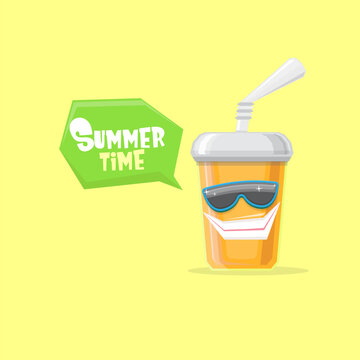 vector funny cartoon cuteorange party paper cola cup with straw and sunglasses isolated on yellow background. funky smiling summer drink character