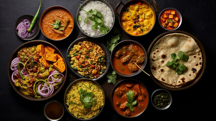 Fototapeta na wymiar Assorted indian food on black background.. Indian cuisine. Top view.