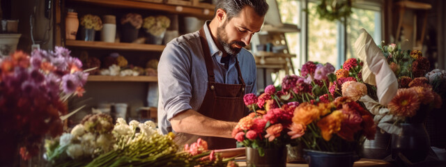 Obraz premium Young man working in a flower store