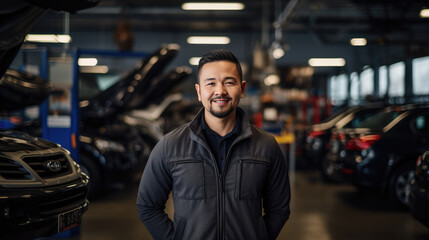 Portrait of a mechanic in a car service against the backdrop of cars.