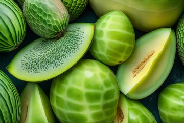 a succulent and sweet honeydew melon, highlighting its pale green, delectable flesh and its irresistibly sweet flavor - AI Generative