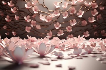 Abstract scene featuring floating 3D sakura petals forming a beautiful cherry blossom composition. Generative AI