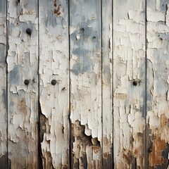 Old wooden planks with peeling paint. Grunge background Vintage style. Wallpaper Background Of Chipped White Paint Over Weathered Wooden Planks.