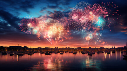 Festive colorful fireworks over the city