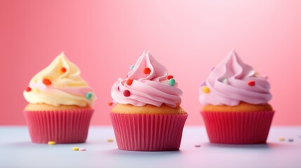 Background with delicious various cupcakes with cream on top and free place for text. Bakery or homemade pastries concept