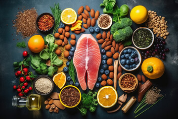 Border liver detox diet food concept, fruits, vegetables, nuts, olive oil, garlic. - obrazy, fototapety, plakaty