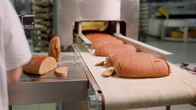 Unrecognizable person working at long loaf cutting machine output tray close up. Conveyor belt with fresh bread after slice knives. Working space at food factory