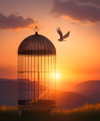 concept of Freedom: a bird soars in flight above an open cage in a picturesque Italian landscape at sunset - Generative AI - 647329731