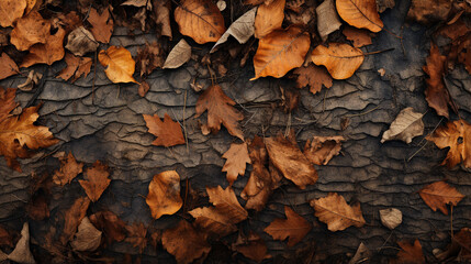 Fototapeta premium A top-view image of a park floor in autumn which reveals a carpet of dried leaves covering the ground. Between the leaves, empty spaces reveal the dry earth beneath