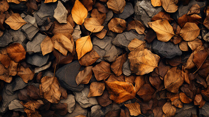 A top-view image of a park floor in autumn which reveals a carpet of dried leaves covering the ground. Between the leaves, empty spaces reveal the dry earth beneath - obrazy, fototapety, plakaty