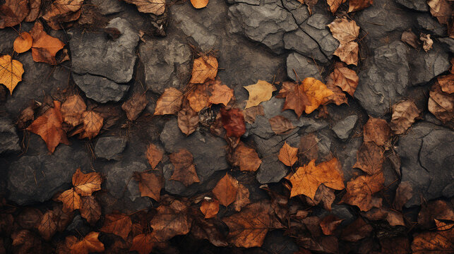 A top-view image of a park floor in autumn which reveals a carpet of dried leaves covering the ground. Between the leaves, empty spaces reveal the dry earth beneath
