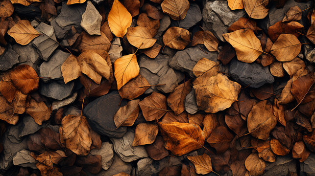 A top-view image of a park floor in autumn which reveals a carpet of dried leaves covering the ground. Between the leaves, empty spaces reveal the dry earth beneath
