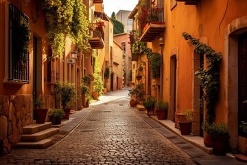 Fototapeta na wymiar Rustic European street with terracotta hues and quaint narrow lanes. Generative AI