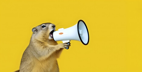 Fototapeta premium Woodchuck announcing using hand speaker. Notifying, warning, announcer