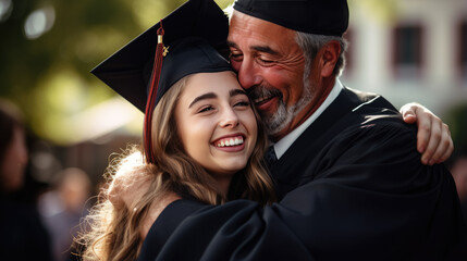 Fototapeta premium Happy smiling graduate hugs his parent after the graduation ceremony.