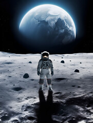 Spaceman or astronaut on the surface of moon with background of earth.