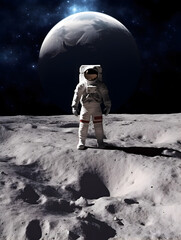 Spaceman or astronaut on the surface of moon with background of earth.