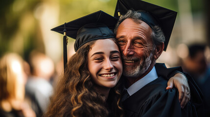 Fototapeta premium Happy smiling graduate hugs his parent after the graduation ceremony.