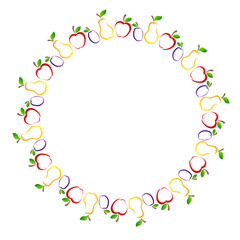 apple, pear and plum art drawn line fruit round frame