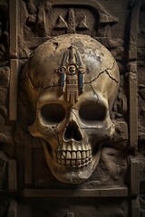 A skull on an ancient stone wall with mysterious symbols - e.g. for a book cover