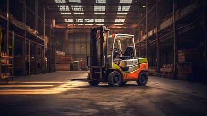 Fototapeta na wymiar photograph of A forklift lifting in industrial plant. telephoto lens realistic natural lighting
