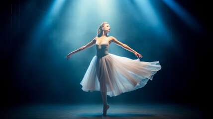 Fototapeta premium photograph of a Graceful ballerina performing an elegant dance on stage.