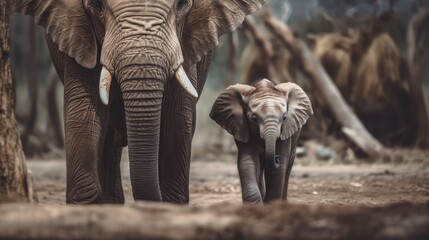 Fototapeta premium A calf right next to the father elephant