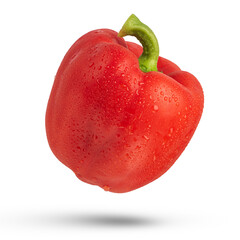 Whole paprika on a white isolated background. Red paprika with a shadow and a green tip.