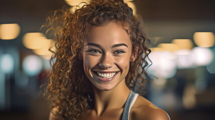 photograph of A smiling of Beautiful young woman wearing fitness fashion in a gym.