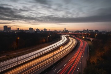 Fototapeta na wymiar Timelapse view of motorway and city skyline in autumn with traffic. Generative AI