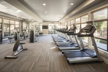 Fitness center filled with exercise machinery. Generative AI