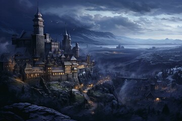 Illustration: medieval tower, hill, village, town, historic castle, skies, cinematic lighting, aerial view. Generative AI