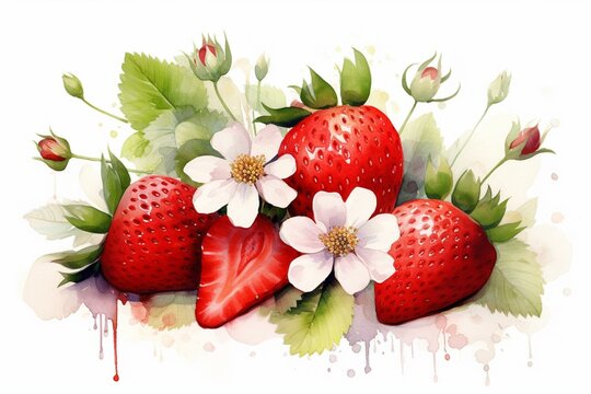 Illustration Of Watercolor Strawberry And Sliced Strawberries On White Background. Generative AI