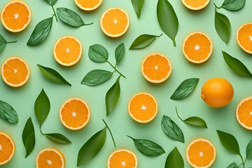 Foto op Plexiglas Summer pattern of oranges and green leaves on green background. © Pacharee