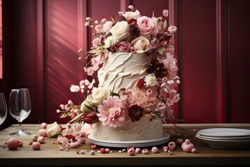 Turn your wall into a dessert lover's paradise with a poster showcasing an elegant tiered wedding cake adorned with flowers.