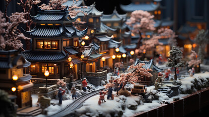 Fototapeta na wymiar Miniature village in style as asia japan macro photo effect