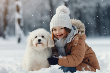 Cute child with happy face wearing a warm hat and warm jacket surrounded with snowflakes with white dog. Winter holidays concept.
