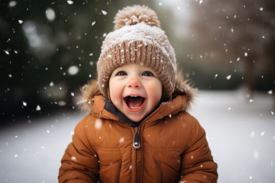 Cute Child With Happy Face Wearing A Warm Hat And Warm Jacket Surrounded With Snowflakes. Winter Holidays Concept.