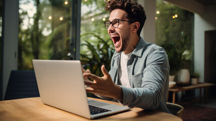 Excited overjoyed young family couple winners feel lucky got sale discount offer by email look at laptop screen.